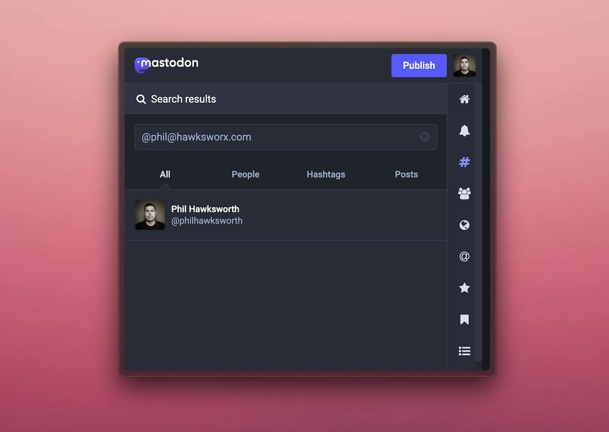 Mastodon client showing @phil@hawksworx.com resolving to @philhawksworth@indeweb.social
